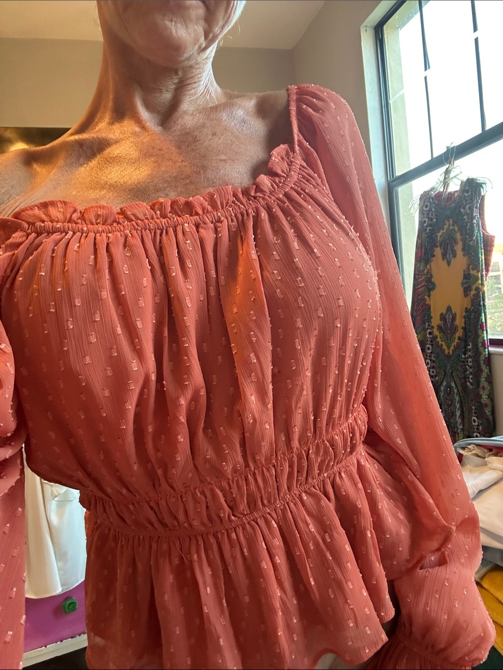 Women's Coral Swiss Dot Peasant Blouse